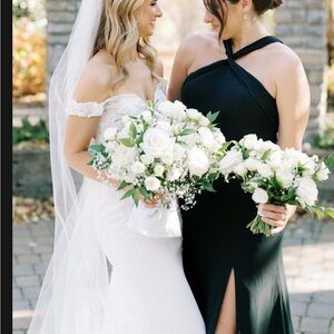Azazie Rue black high neck bridesmaid dress.